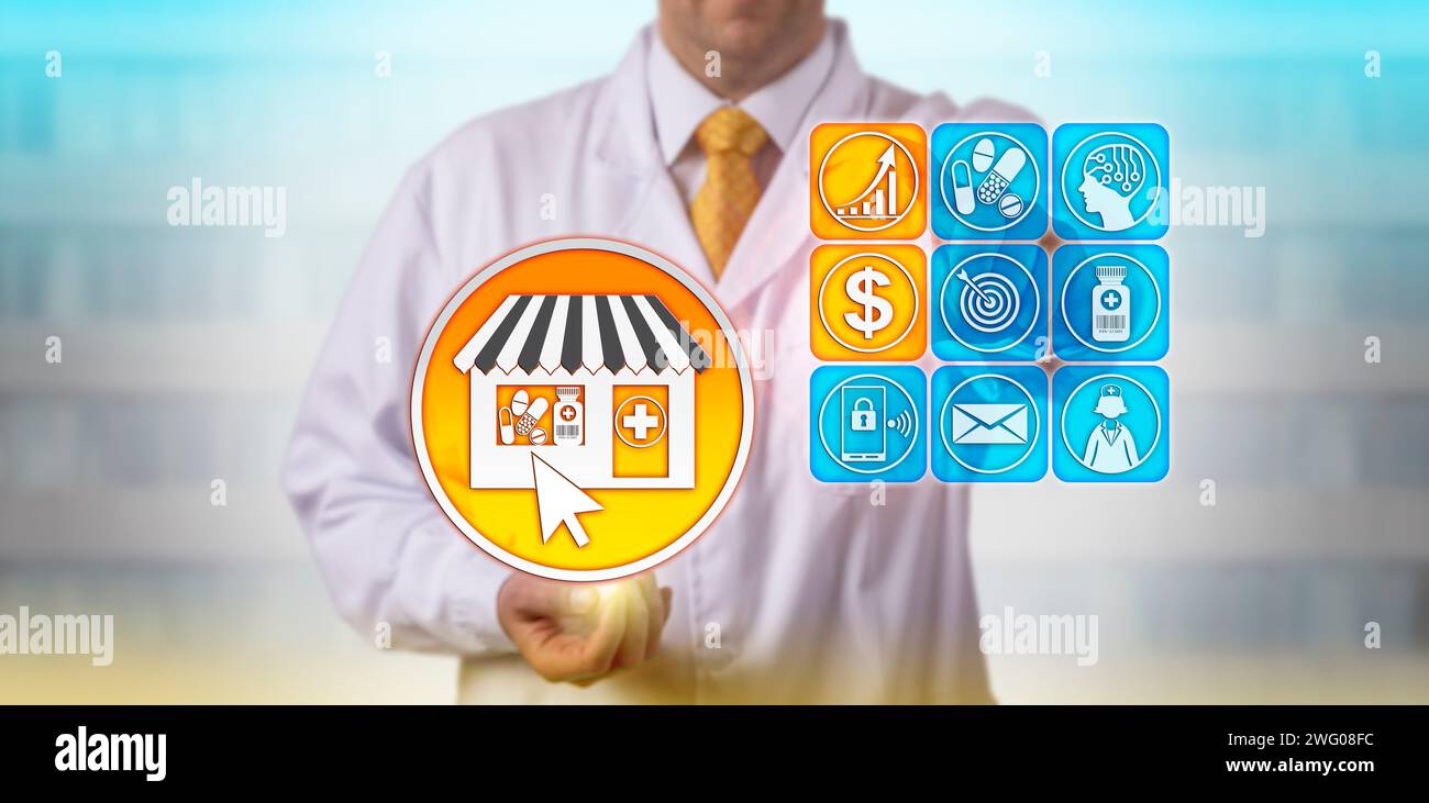 Farmacista indipendente irriconoscibile che proietta un aumento dei profitti del suo negozio di e-farmacia. Concetto di vendita al dettaglio nel settore farmaceutico per una rapida crescita della cura di sé Foto Stock