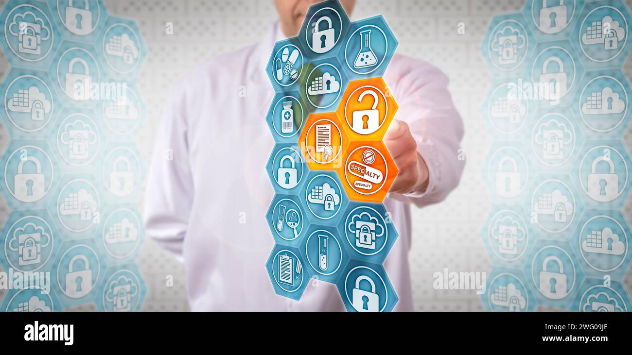 Medico non riconoscibile che accede al documento sicuro su farmaci speciali approvati. Pharma IT Concept per il controllo degli accessi, l'autorizzazione degli utenti, la conformità, l Foto Stock