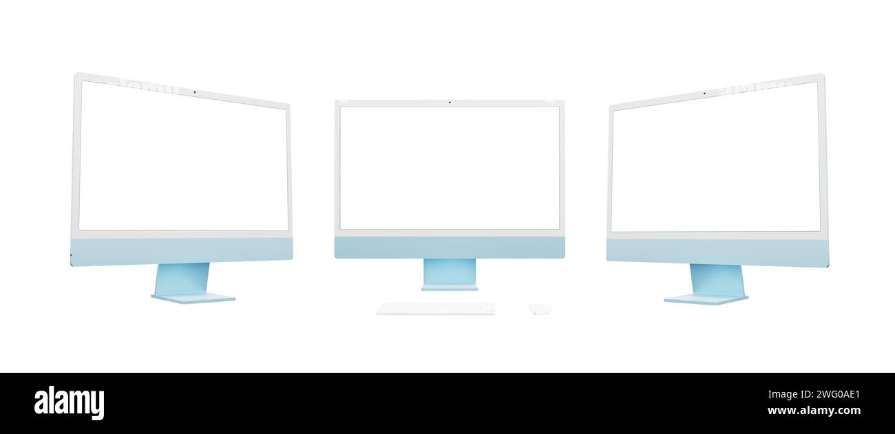 Moderno display blu per computer presentato in tre angolazioni: Sinistra, anteriore, destra. Schermo e sfondo isolati, perfetti per il mockup e la presentazione di pagine Web Foto Stock