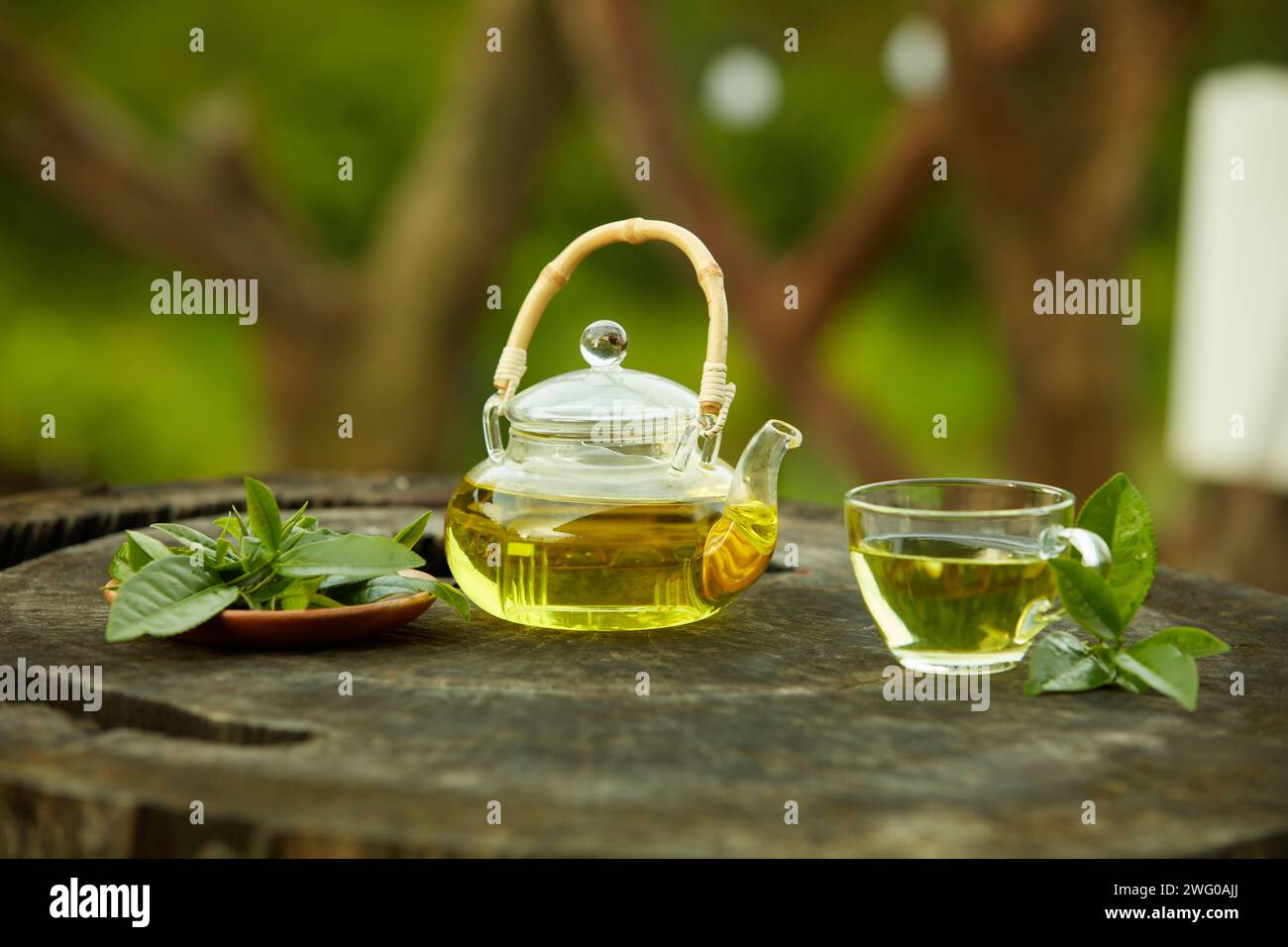 Una tazza da tè e una teiera piena di tè all'interno con un piatto di foglie di tè verde poste su un piedistallo di legno. Il tè verde può aiutarti a dormire bene, anti-invecchiamento, Foto Stock