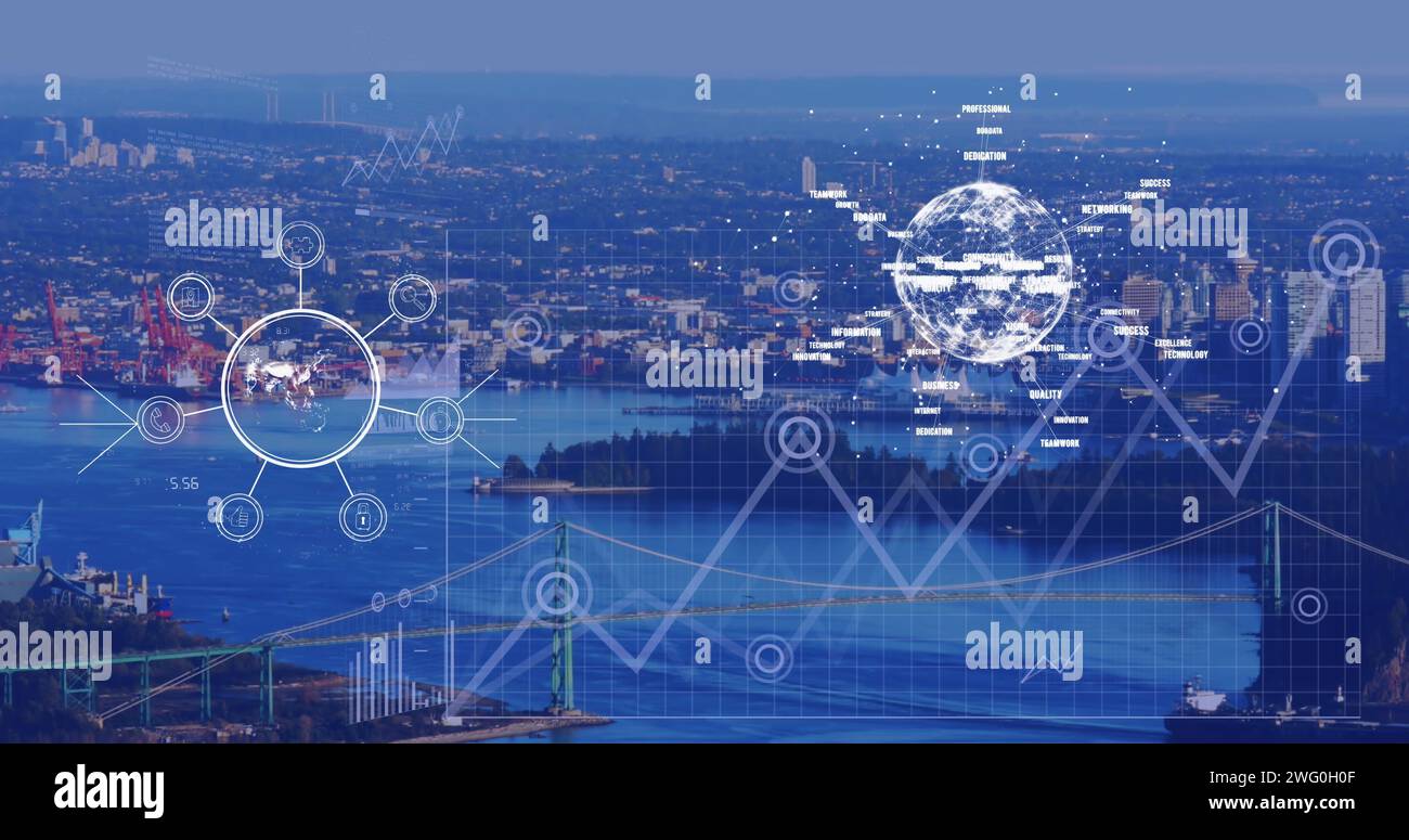 Immagine dell'elaborazione dei dati finanziari e del paesaggio urbano Foto Stock