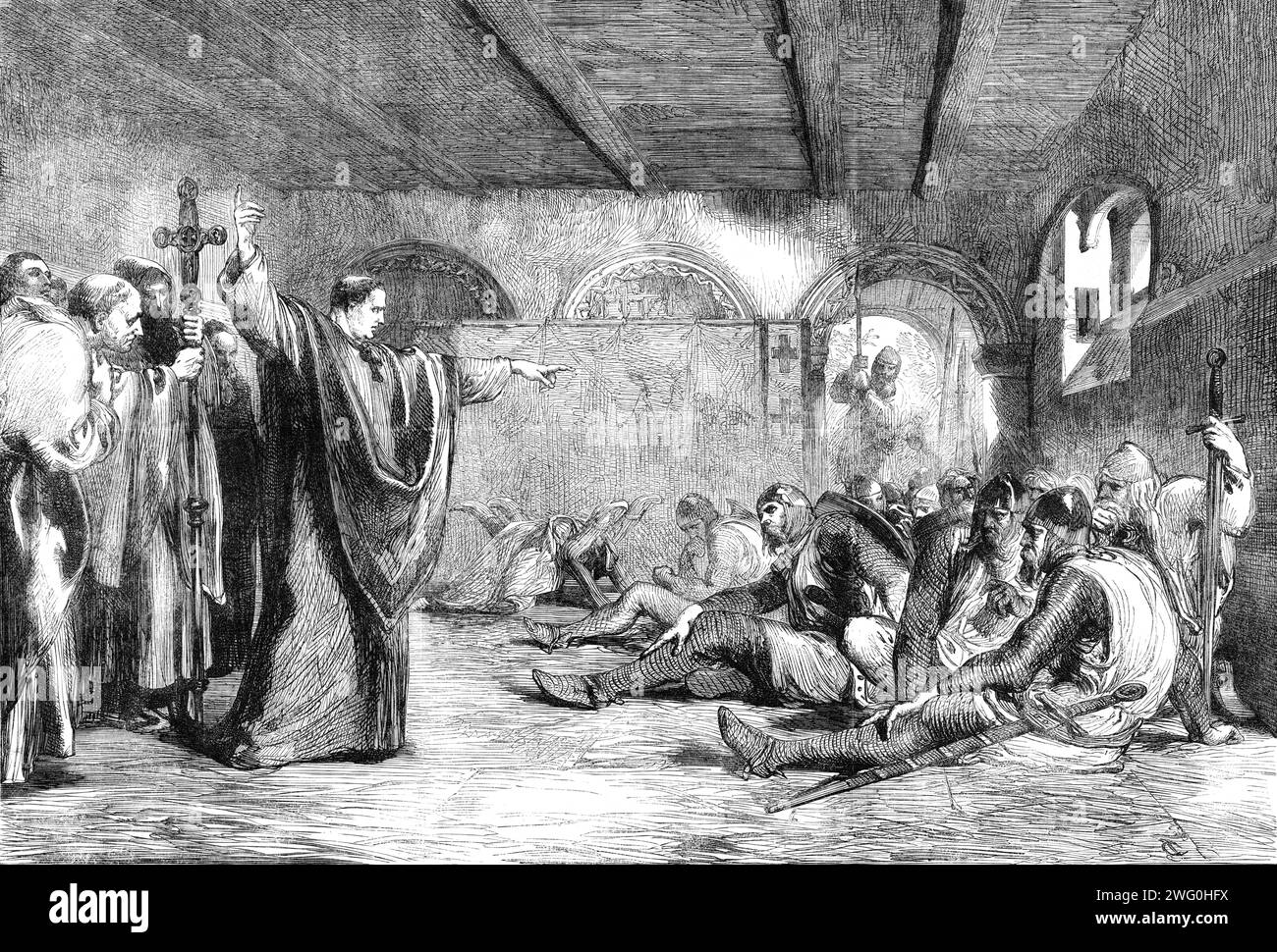 I cospiratori negli appartamenti privati di Thomas A'Becket poco prima del suo omicidio: The Primate Addressing Tracy - di J. Gilbert, 1862. Incisione di un dipinto. Scena nella grande sala del palazzo dell'Arcivescovo. "Senza una parola, i cavalieri marciarono dritti fino al punto in cui si trovava l'Arcivescovo e si sedettero sul pavimento sotto di lui. Al momento del loro ingresso, &#xe0; Becket era impegnato in una conversazione con un monaco, che ha continuato con forza. Dopo un po' si girò e, fissandoli con fermezza, salutò Tracy per nome. (Questo è il momento, un momento singolare solenne e impressionante Foto Stock