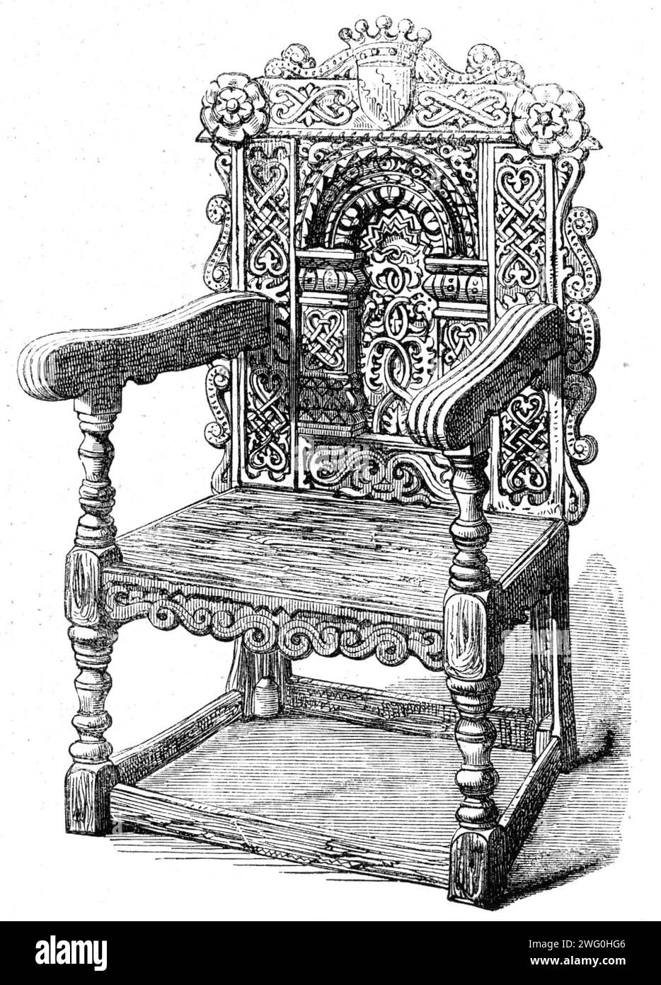 "My Lady's Chair", a Corby Castle, precedentemente appartenente alla contessa di Derwentwater, 1862. Incisione di '...un'antica sedia di quercia conservata nella "sala Ratcliffe" del Castello di Corby, sede di H. P. Howard, Scudiero, che la tradizione afferma essere appartenuta alla bella Contessa di Derwentwater. Questa signora era la moglie di James Ratcliffe, conte di Derwentwater, un nobile inglese che fu coinvolto nella ribellione del 1715 con i signori Kenmure, Nithsdale, Carnwath e Wintown, e che subì la morte a Tower Hill il 24 febbraio 1716. Da "Illustrated London News&q Foto Stock