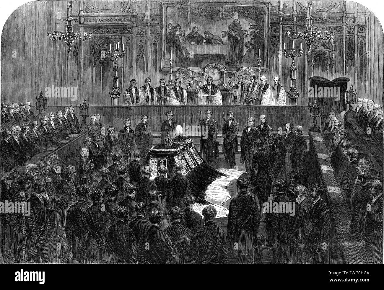 The Funeral of HIS Late Royal Highness the Prince Consort: La cerimonia funebre nel coro, 1862. "...il Lord Ciambellano, accompagnato dal Vice-Ciambellano, Lord Castlerosse...proceeded fino al coro della cappella di Wolsey, dove i lamenti reali si erano già riuniti... il Principe di Galles, come principale lutto, si trovava al centro; alla sua destra c'era il piccolo Principe Artù; alla sua sinistra, il fratello maggiore del principe defunto, il duca di Sassonia-Coburgo e Gotha... il principe di Galles si arenò con grande forza d'animo... anche se, come tutti gli altri, a volte cedette il posto a irrefrenabili esplosioni di lacrime... il Foto Stock