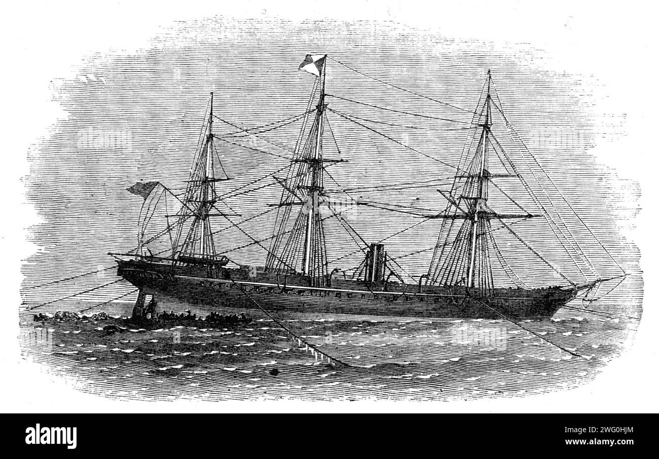 La nave della Peninsular and Oriental Company Candia in riparazione sulla barriera corallina di Atakah, 1862. La nave a vapore, che aveva subito una frattura dell'albero dell'elica nel Mar Rosso, fu spiaggiata sulla barriera corallina di Atakah, nel Golfo di Suez per consentire le riparazioni. La barriera corallina è stata utilizzata perché non c'erano moli nelle vicinanze. Il sollevamento della nave sulla barriera corallina è stato un'operazione tecnica molto complessa, ma è stato eseguito con successo. Da "Illustrated London News", 1862. Foto Stock