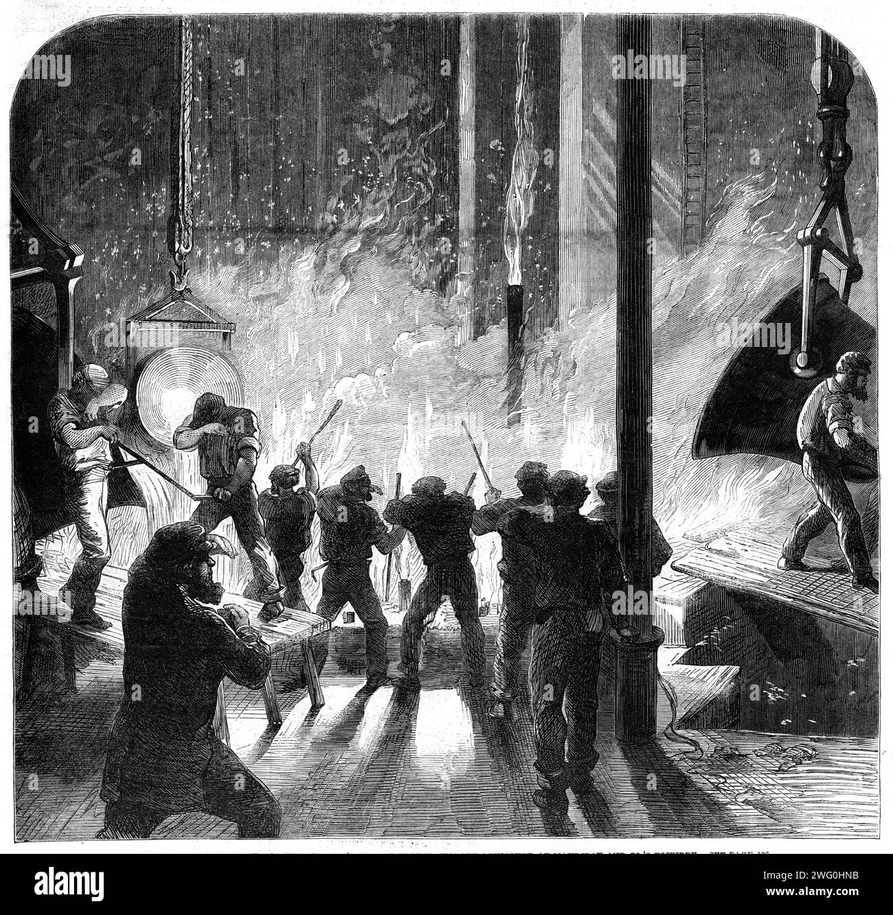 Lanciare un cilindro di mostri per la fregata Agincourt placcata in armatura di sua Maestà presso la fonderia di Maudslay, Sons, and Field, Westminster-Road, Londra, 1862. "questo cilindro... è destinato a una coppia di motori di 1350 cavalli... il suo diametro è di 101 pollici. Il metallo, che pesava 30 tonnellate, fu fuso in quattro forni a cupola, e passava da lì in tre mestoli rivestiti di argilla dello spessore di un pollice e mezzo; questi mestoli furono sollevati da gru mobili nella loro posizione corretta, e il metallo fuso fu versato nello stampo. Gli uomini in questa fornace ardente, con barre di ferro in mano, lo sono Foto Stock