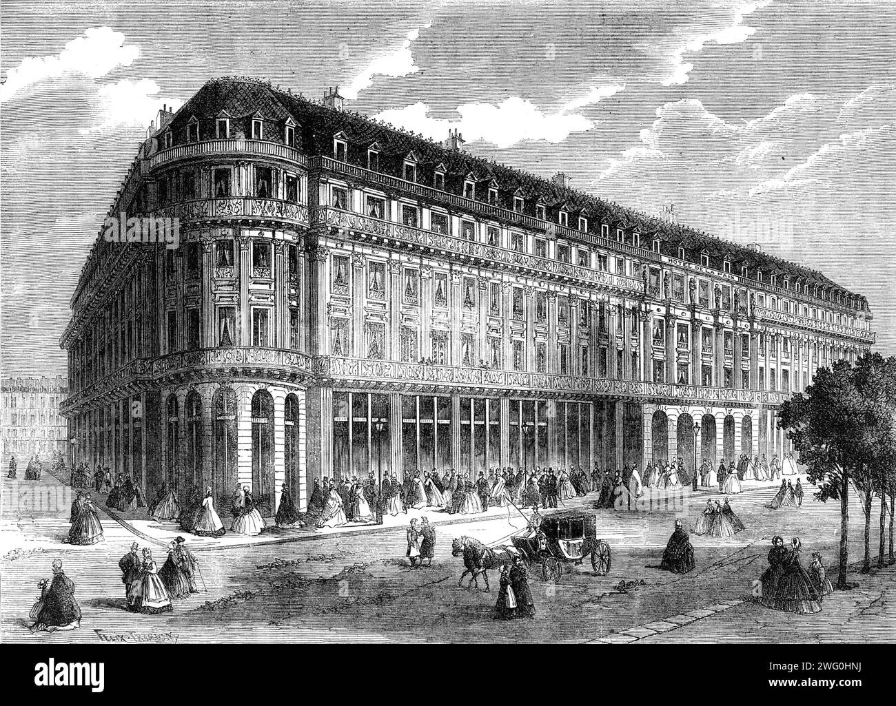 L'Hotel de la Paix, Parigi, 1862. "L'Hotel de la Paix... è situato sul lato nord del Boulevard des Capucines... è costruito a forma di triangolo equilatero... l'angolo arrotondato occidentale comprende un padiglione destinato a diverse serie di appartamenti più strettamente privati degli altri, con ingressi separati. L'entrata principale dell'hotel è presso il colonnato corinzio nel centro della facciata del viale... ci sono non meno di 444 finestre in tutta questa facciata triangolare, esclusiva di quelle del piano terra e dell'entresol, da lasciare come negozi e magazzini Foto Stock
