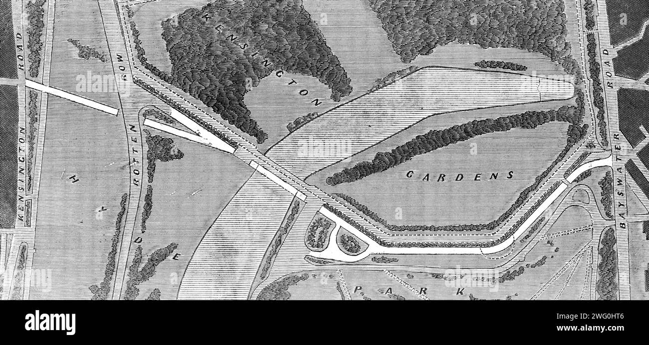 La strada proposta attraverso Hyde Park per l'esposizione Internazionale, [Londra], 1862. "La tesa questione degli approcci all'edificio dell'esposizione sembra ancora ben lungi dall'essere una soluzione soddisfacente. Resta inteso, tuttavia, che un punto relativo a questo argomento è stato organizzato in modo soddisfacente. Il condotto stretto e scomodo che da solo conduce da Belgravia a piazza Sloane, e da lì a Chelsea e Brompton, deve essere ampliato, le autorità locali l'hanno consegnato al Metropolitan Board of Works. E' stato fatto un suggerimento, che non è senza wei Foto Stock