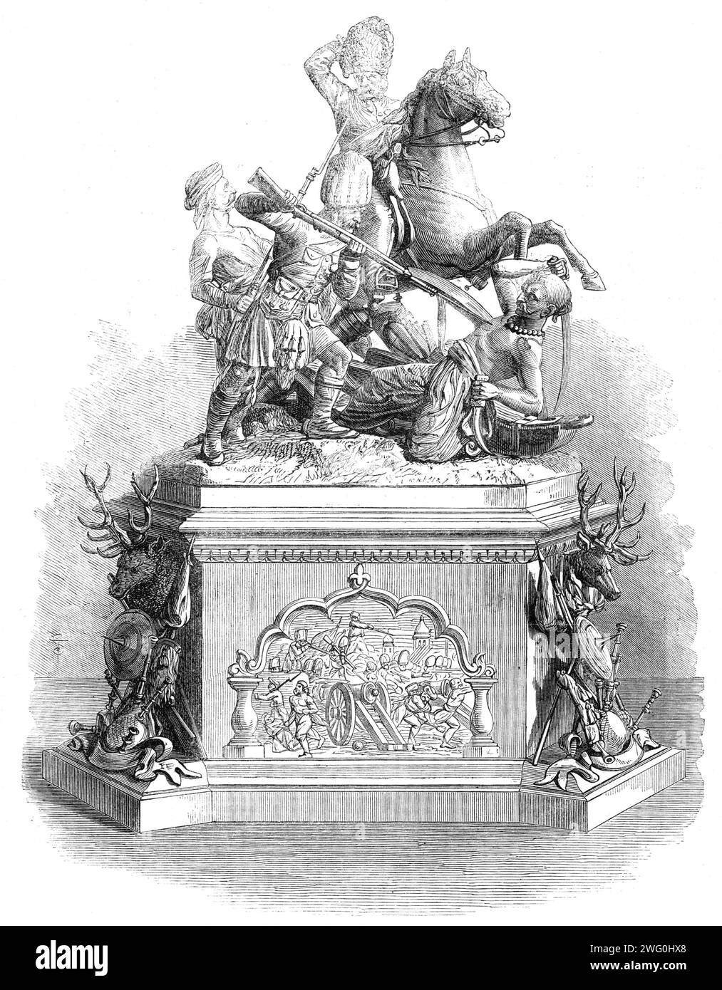 Testimonianza agli ufficiali del 78° Highlanders, 1862. Il signor Turner, di New Bond-Street, ha appena fabbricato due pezzi di targa, sottoscritti dagli abitanti di Ross e Cromarty, per la presentazione agli ufficiali e sottufficiali dei 78th Highlanders, al suo ritorno da un lungo soggiorno in India, durante il quale ha svolto i servizi più valorosi... la testimonianza... è un gruppo di figure, in argento, che rappresentano un episodio dell'ammutinamento indiano, spiritosamente organizzato, composto da un ufficiale a cavallo (Lieut.-Colonnello M'Intyre) e un soldato privato impegnato in combattimento con TW Foto Stock