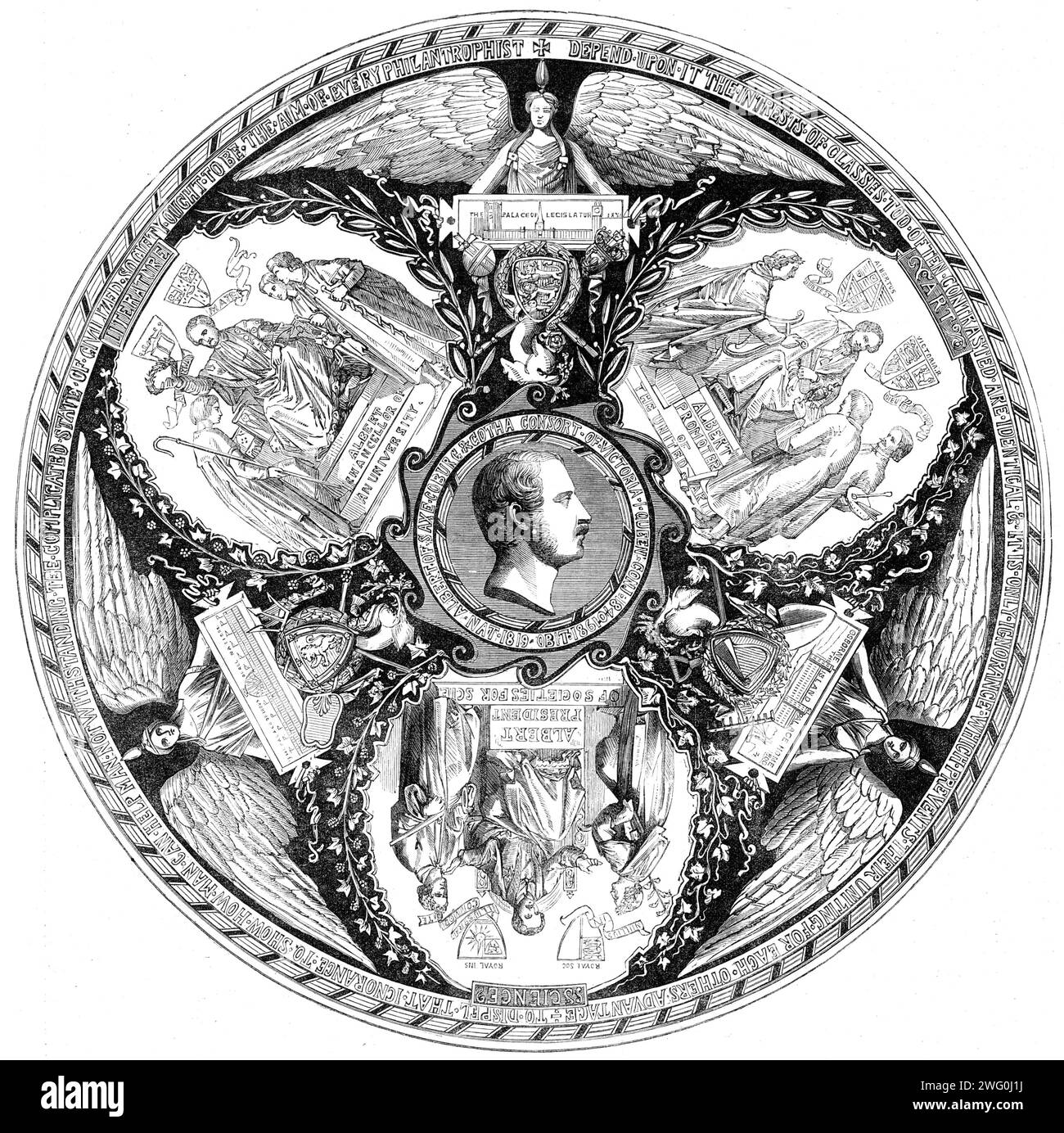 The International Exhibition: The Albert Commemoration tazza, progettato per la London Art-Union da J. Leighton, F.S.A., 1862. "Questa opera d'arte... è il risultato di una commissione... di perpetuare nei materiali più duraturi le azioni del nostro grande e buon Principe... al centro c'è un medaglione del Principe Alberto, intorno al quale, e dividendo i compartimenti, ci sono angeli guardiani, geni che portano tavolette su cui si affacciano i tre grandi edifici Albert - il Palazzo della legislatura a Westminster, il palazzo dell'isola casa di Osborne, e il Palazzo dell'industria di tutte le Nazioni, 1851; tipi di t Foto Stock