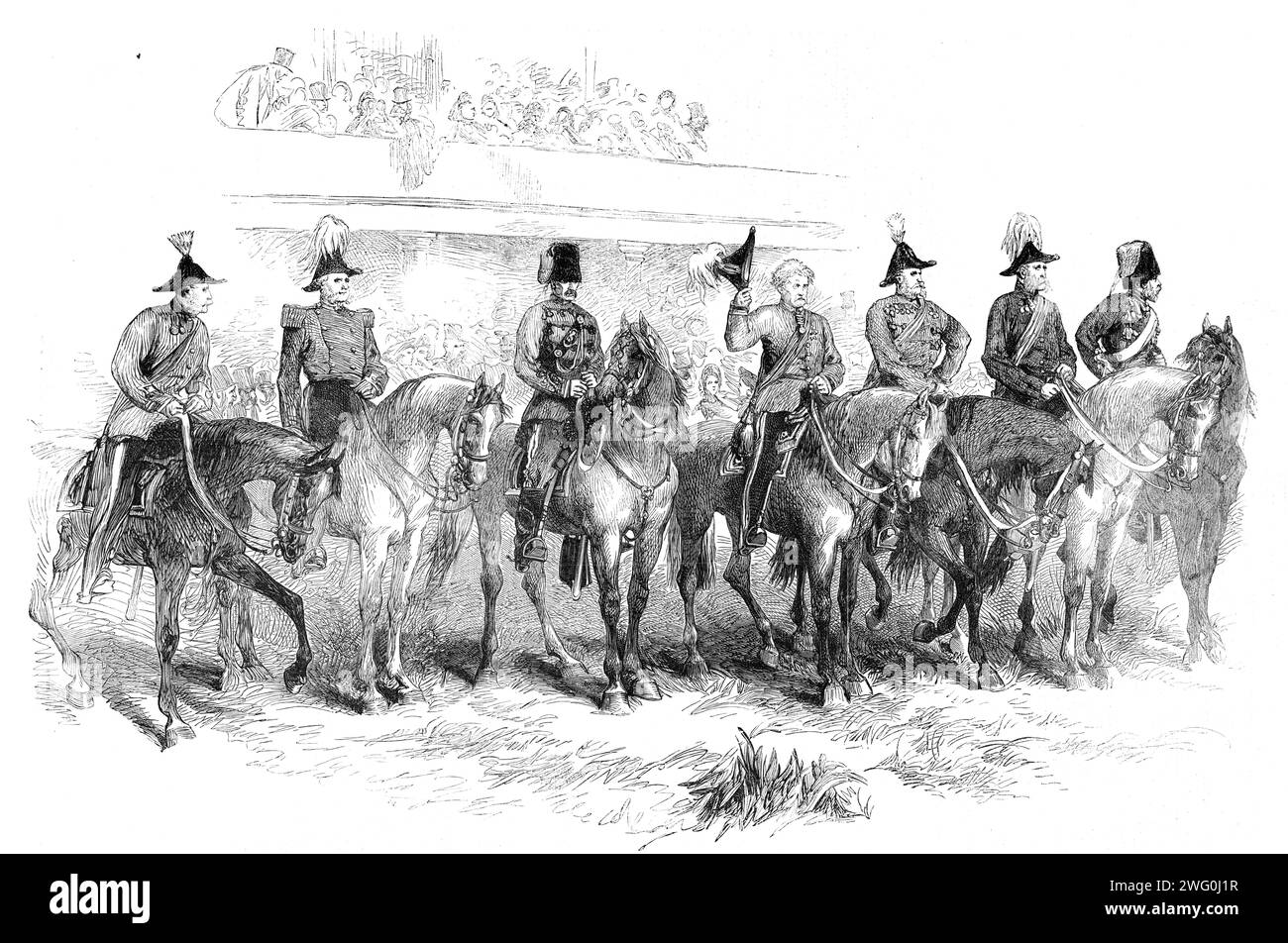 Il Volunteer Field-Day a Brighton: Il generale Lord Clyde restituì il saluto delle truppe mentre marciavano oltre la tribuna del 1862. "L'ispezione è stata superata, il generale e il suo staff hanno attraversato la valle e, seguendo l'ippodromo, hanno preso posizione immediatamente di fronte alla tribuna, per assistere alla marcia del passato delle truppe... l'apparizione dei volontari dell'Isola di Wight è stata... molto meritevole. Facevano parte della seconda brigata, che in qualche modo misterioso perse la sua posizione corretta, e permise alla quarta brigata di precederla; pertanto si alzarono Foto Stock