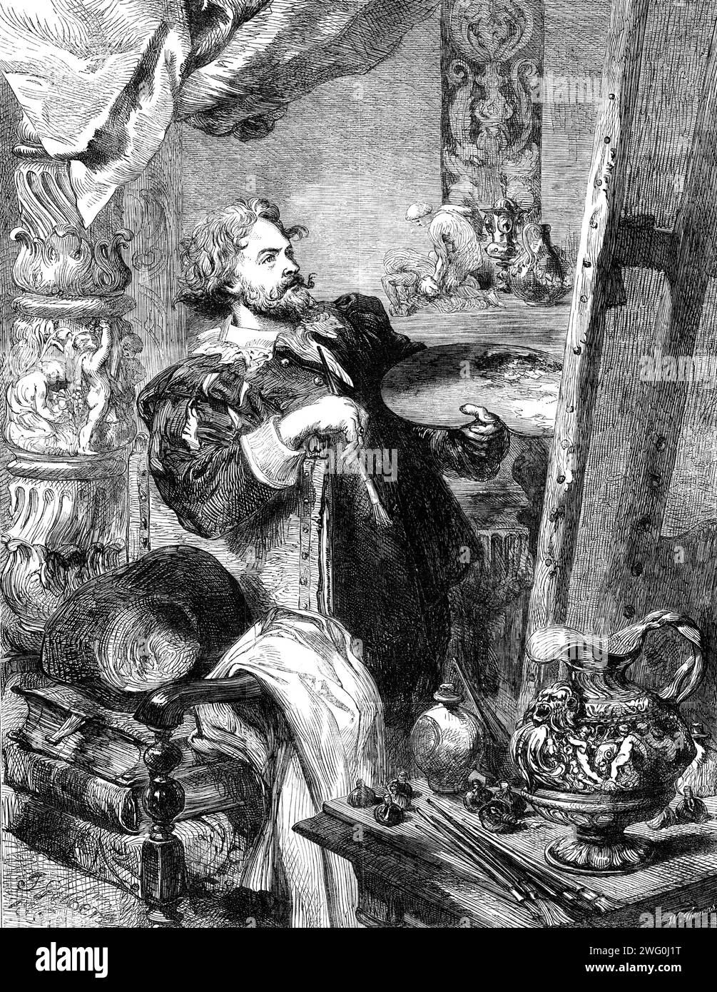 "Peter Paul Rubens", di J. Gilbert, in The Exhibition of the Society of Painters in Water Colours, 1862. Incisione di un dipinto. "La rappresentazione dei grandi maestri nei loro studi è stata un soggetto preferito con artisti moderni e soprattutto stranieri. Il signor Gilbert può naturalmente prendere questo mezzo per mostrare la sua ammirazione e riverenza per il grande maestro fiammingo ... l'atteggiamento di Rubens, che fa un passo indietro per vedere l'effetto del suo lavoro, non è solo caratteristico di tutti gli artisti, ma è particolarmente appropriato se assunto come l'abitudine di questo pittore; perché nessun maestro dipendeva di più Foto Stock