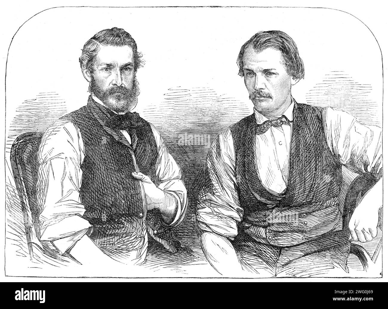 Matthew Montgomery e Louis Shelvin, steward e cuoco dell'Emily St Pierre, 1862. "...ritratti dei due uomini coraggiosi... che così prontamente hanno distaccato le pressioni del capitano Wilson per riconquistare il possesso della Emily St. Pierre - la riconquista da un equipaggio composto da due ufficiali e tredici uomini della Marina degli Stati Uniti. Le circostanze di questo atto audace, felicemente coronato dal successo, e mostrando in modo davvero notevole come "la fortuna favorisce i coraggiosi", sono troppo fresche nella memoria dei nostri lettori per aver bisogno di una ricapitolazione. Matthew Montgomery, l'amministratore, è nativo di Foto Stock