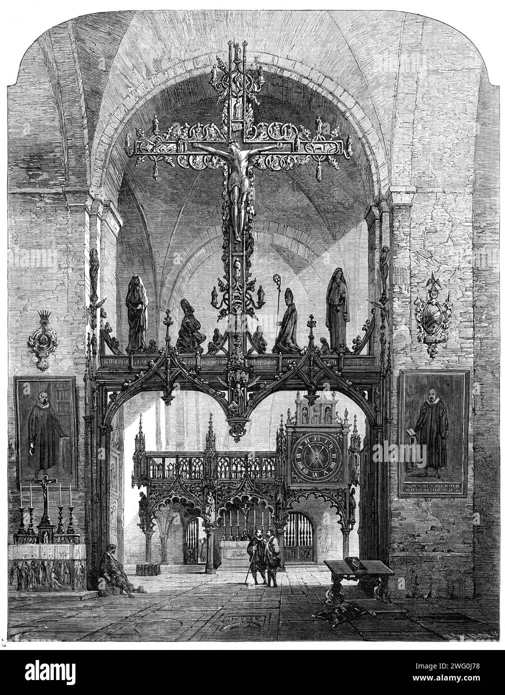 "Interior of the Dom, L&#xfc;beck", di Samuel Read, nella mostra della Society of Painters in Water Colours, 1862. Incisione di un dipinto. "Tra gli altri interessanti interni di chiese straniere di questo gentiluomo esposto al Pall-Mall, l'interno del Duomo, o la Cattedrale, di L&#xfc;beck" ha la raccomandazione a molti, anche vecchi, viaggiatori continentali di infamiliarità. L&#xfc;beck è, tuttavia, una delle città antiche più pittoresche della Germania, e merita più attenzione di quella che gli viene solitamente data dai viaggiatori. Il Dom costruito in mattoni testimonia ancora il primo Foto Stock