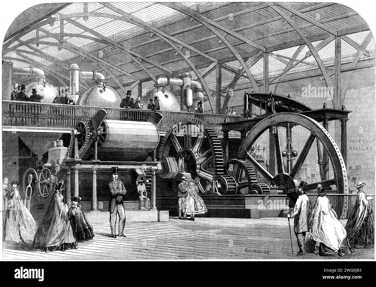 Mostra Internazionale: Great Sugar-Mill, di Mirrlees e Tait, di Glasgow, 1862. "L'uso di questo mulino è quello di estrarre il succo dalla canna... un'infinita traveling-table...carries le canne fino ai tre grandi rulli girevoli, tra i quali è tirato, e mentre passa tra di loro sottoposto alla massima pressione considerata necessaria... il mulino è azionato dalla potenza del vapore... che consiste in un motore a fascio ad alta pressione a sei colonne... il tutto è esposto in movimento, e... attira una grande attenzione...[la macchina] colpisce lo spettatore con una sorta di soggezione; per il suo terrif Foto Stock