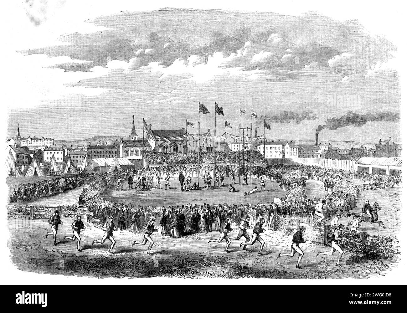 Partite di volontariato a Liverpool, 1862. "Un grande Festival... [è stato tenuto] dal Liverpool Athletic Club al Mount Vernon Parade-Ground, in cui l'occasione la medaglia d'oro del campione, presentata dal sindaco, insieme a cinque oro, venticinque argento, e venticinque medaglie di bronzo, sono state contestate da gentiluomini amatori... sul lato inferiore del terreno era stato eretto un comodo grande stand, e questa spaziosa struttura era rapidamente affollata quasi fino all'eccesso... la tribuna grande era riccamente decorata con striscioni, bandiere e altri ornamenti... il programma includeva steeplechasing e piatto Foto Stock