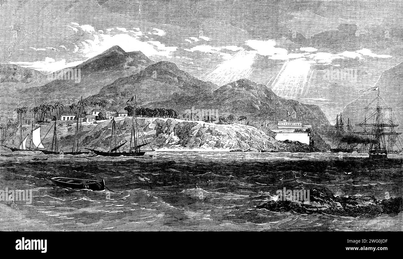 Città e porto di Acapulco, sulla costa occidentale del Messico, con lo squadrone inglese e francese situato nel porto, nel 1862. Incisione da uno schizzo del signor Boyle del Termagante. "Acapulco, uno dei principali porti messicani del Pacifico, è anche ben noto per il suo ammirevole porto, che offre... un ancoraggio sicuro per le navi più grandi. È una delle stazioni in cui è stato considerato auspicabile, nel recente stato degli affari con il Messico, avere uno squadrone all'ancora pronto ad usare la forza se necessario a sostegno delle rivendicazioni dei governi inglese, francese e spagnolo. AC Foto Stock