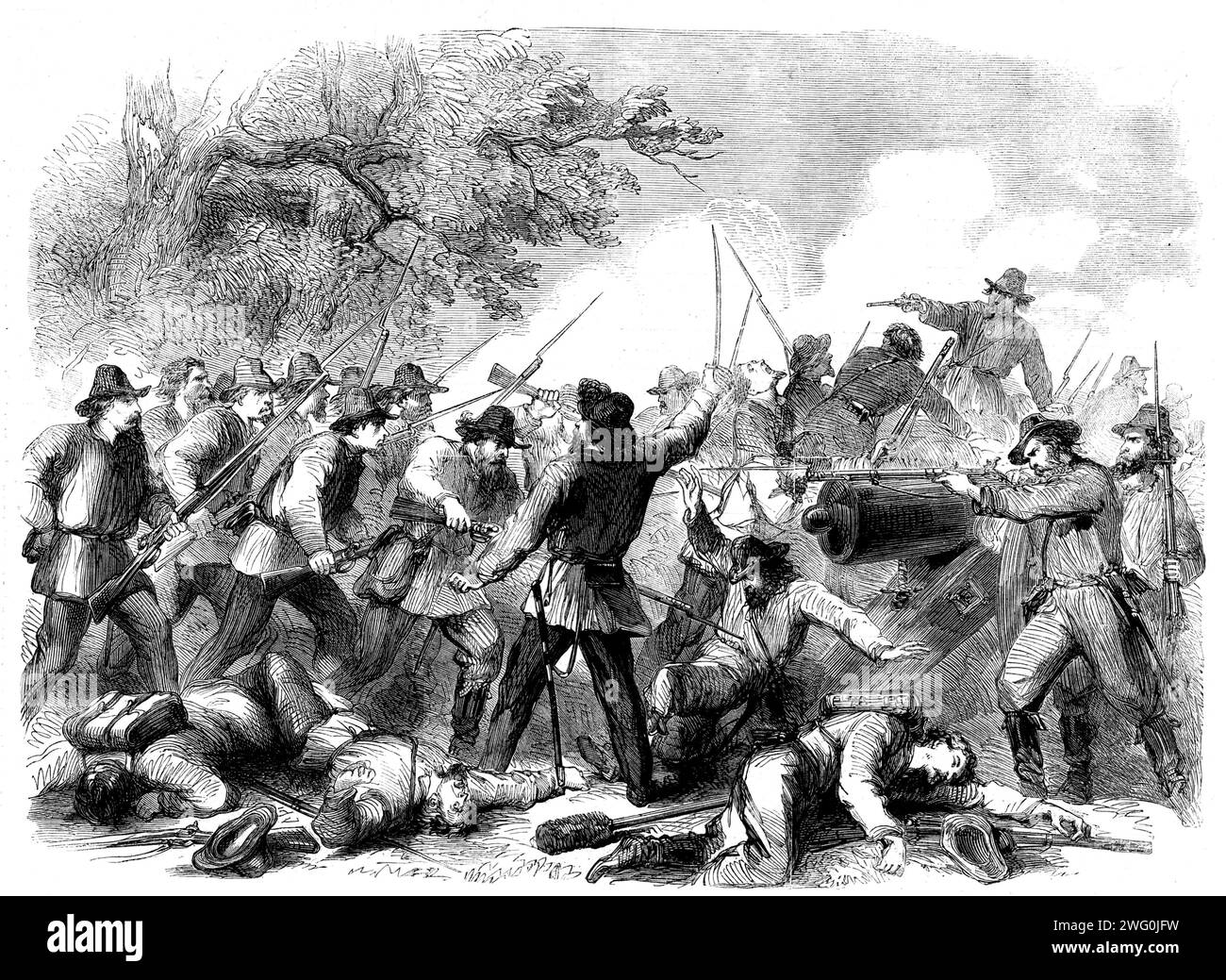 Guerra civile in America: Il colonnello Fitch e i 46th Indiana Volunteers catturano al punto della baionetta la batteria confederata di Fort St. Charles, sul White River, Arkansas, da uno schizzo del nostro artista speciale, 1862. Il 13 giugno quattro cannoniere della flottiglia di fronte a Memphis furono inviati al White River, Arkansas, 185 miglia sotto, per liberare i bruciatori di cotone e cercare di comunicare con Curtis. La spedizione, sulla via del White River, incontrò una batteria montata su un promontorio, e le cannoniere si scontrarono immediatamente, il Mound City che guidava. Unfor Foto Stock