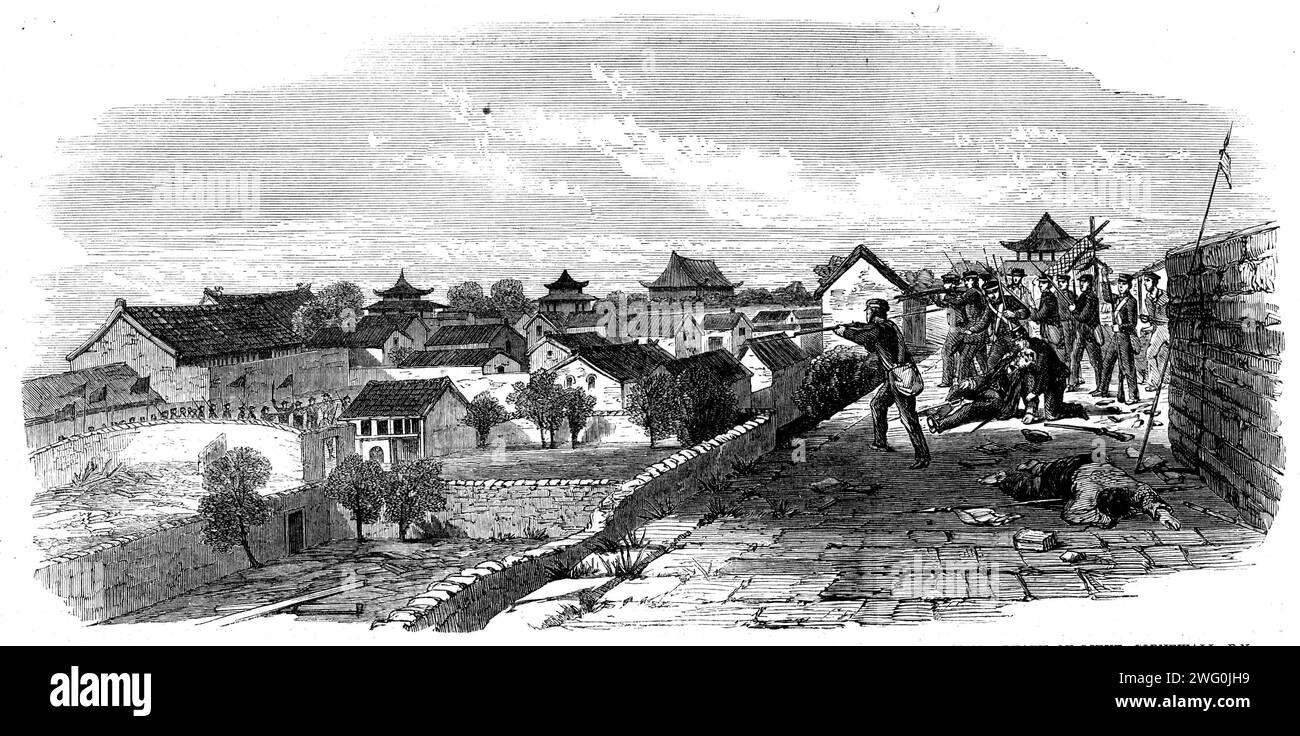 La cattura di Ningpo: Gruppo d'assalto sotto Lieut. Davis tiene una porta d'ingresso tra il Salt Gates e l'East Gates: Morte di Lieut. Cornewall, R.N., 1862. "Fu fatta un'avanzata sulla porta del sale; e il campo, alzato sopra le mura... fu posto sotto la pagoda e messo in azione, liberando i ribelli dalle strade circostanti. Un gruppo quindi avanzò sotto il tenente Davis per tenere una porta a circa duecento metri di distanza lungo le mura verso la porta est, e qui il nemico fece sforzi disperati per respingere i nostri uomini sia con attacchi frontali che con fianchi. Da t Foto Stock