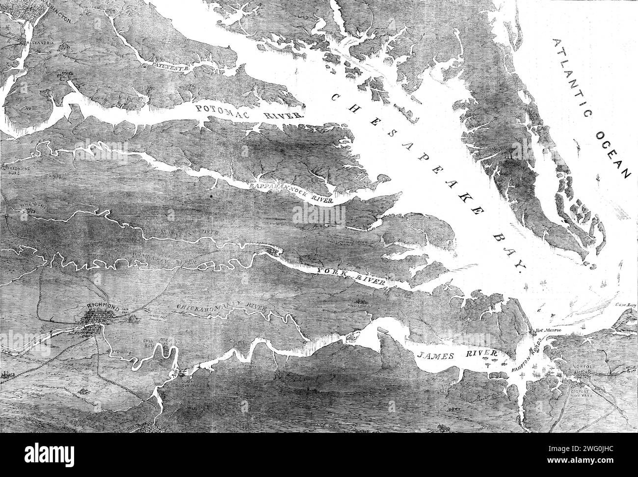 La guerra civile in America: Scena di operazioni nella Virginia orientale, che mostra l'attuale posizione di M'Clellan, 1862. Mappa di "...un'area di circa 20.000 miglia quadrate. A circa metà strada tra Richmond e la foce del Chickahominy si trova il paese collinare, dove l'esercito di M'Clellan si trova ora a stationed...seven miglia sotto Richmond, si trova Fort Darling, dove il corso del fiume è ostruito per impedire il passaggio dei cannoni federali...cinque linee ferroviarie si irradiano da [Richmond] la capitale della Virginia. La Richmond and York River Railroad, che in tempi di pace collegava la città con la aforesa Foto Stock