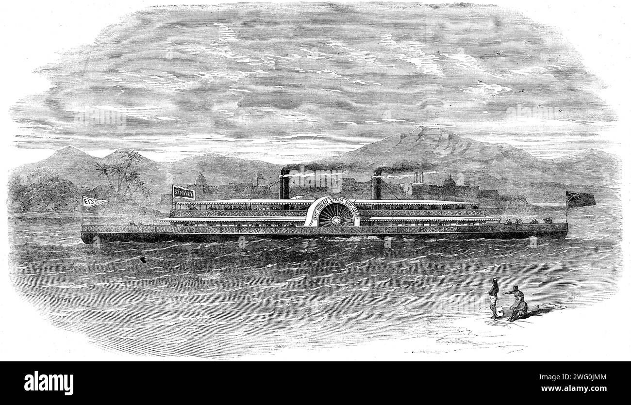 Il piroscafo della East India Steam Navigation Company Stanley, che corre sul Gange, 1862. "Alcuni anni dopo che il governo indiano ha nominato un commissario per indagare sui mezzi migliori per consentire la navigazione dei fiumi indiani. Quando il rapporto fu concluso, diversi signori interessati agli affari indiani si formarono in una società, e con un piccolo capitale riuscirono a posizionare sul Gange un piroscafo e due chiatte, la prima che disegnava solo 18 pollici. con 150 tonnellate di carbone a bordo, e quest'ultimo solo 13". Le barche attualmente sul fiume, a causa del loro grande pescaggio di W Foto Stock