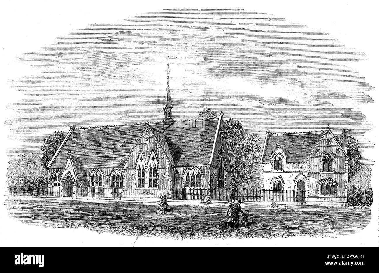 Nuove scuole Wesleyan a Blackburn, Lancashire, 1862. "Da diversi anni il corpo di Wesleyan ha compiuto grandi e lodevoli sforzi per promuovere l'istruzione nelle scuole diurne e domenicali; e il progresso che è stato fatto non può non essere gratificante per tutti coloro che sono interessati al benessere dei giovani tra le classi inferiori ... [gli edifici] consistono in una scuola mista, e una scuola per bambini, con una grande classe per ciascuna e una casa indipendente per il padrone. Lo stile adottato è del primo periodo gotico, da un disegno del signor W. Botterill...; i materiali utilizzati sono rosso e nero sto Foto Stock