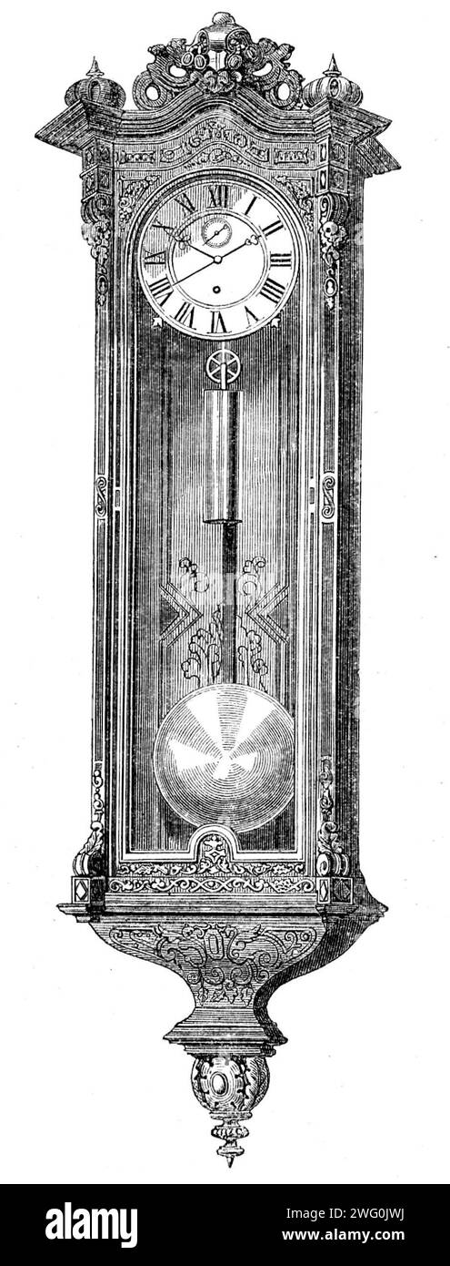 The International Exhibition: Orologio di W. Sch&#xf6;nberger, di Vienna, 1862. "L'orologio che noi incidiamo fa parte di una serie che si svolge presso la Corte austriaca dell'esposizione ed è degno di nota per l'aspetto ordinato e piacevole del suo aspetto e per il basso prezzo degli articoli di cui questo è un esempio. Si tratta di un contorno elegante in generale, semplice nel design e ben rifinito, e siamo certi che le sue qualità di cronometro sono eccellenti; ma in questo senso non abbiamo avuto modo di giudicare i suoi meriti”. Da "Illustrated London News", 1862. Foto Stock