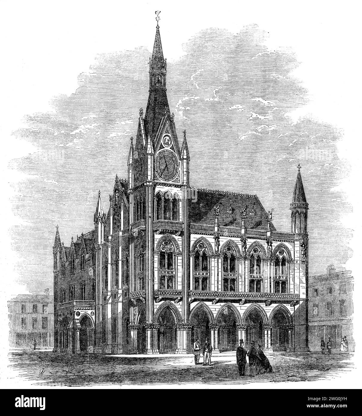 The Preston Guild Festival: The Proposed Townhall, 1862. Un '...municipio (progettato da G. G. Scott) che gareggerà con quei palazzi civici del Belgio molto ammirati. Il piano terra, secondo la pianificazione, comprenderà un ampio locale di scambio, con uffici adatti per lo scarico delle attività comunali. Al piano superiore si trova una grande sala attrezzata per riunioni pubbliche, con galleria, orchestra e sala consiliare. Lungo il fronte principale si trova un'audace arcata trasportata da colonne accoppiate e alla fine un'alta torre dell'orologio. Secondo il costruttore, le mura devono essere costruite in pietra locale. Granito e ma Foto Stock