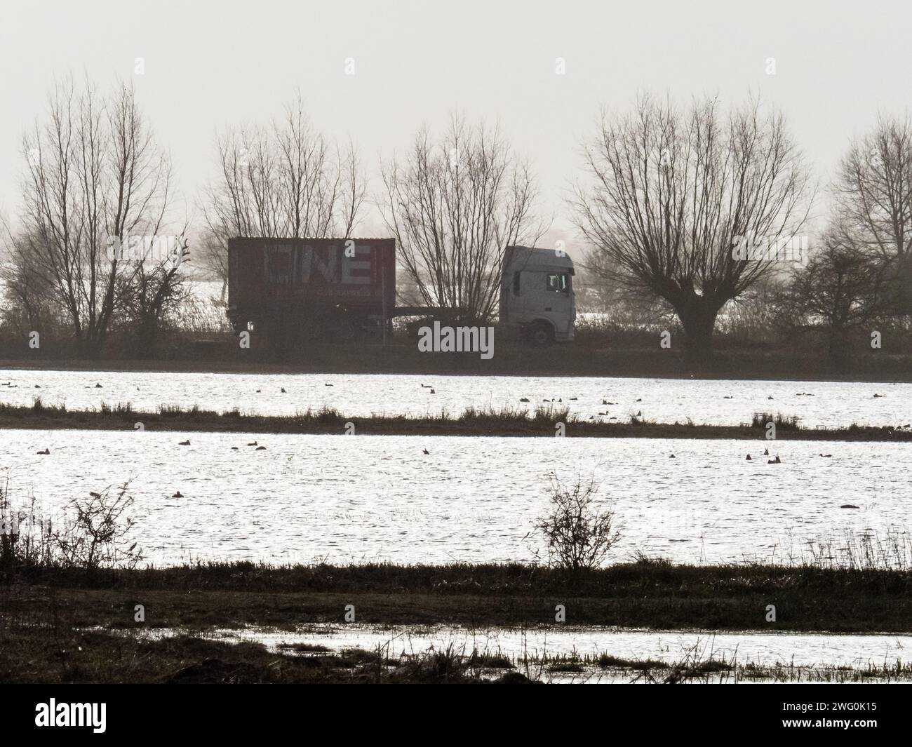 Veicoli su una strada che attraversa i lavaggi a Welney, The Fens, Norfolk, Regno Unito. Foto Stock