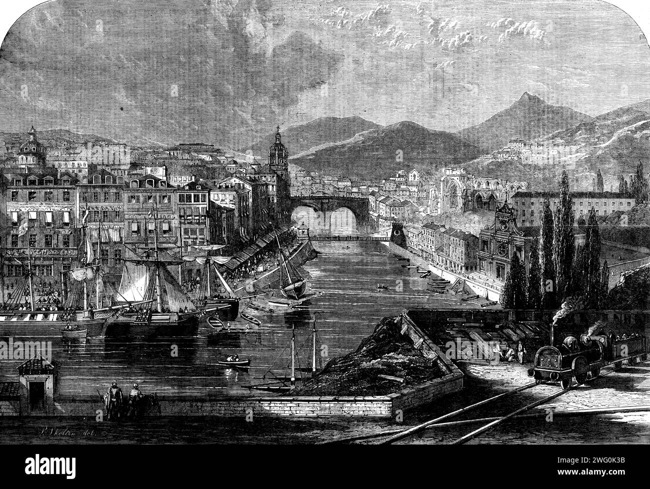 Vista di Bilbao, Spagna, dalla stazione ferroviaria, 1862. Guarda '...guardando nell'entroterra, del capolinea marittimo della [ferrovia di Bilbao e Tudela]...questo grande lavoro, di cui le difficoltà ingegneristiche sono state superate in modo così abile dall'ingegnere capo, Charles Vignoles, Scudiero, F.R.S., è dovuto principalmente all'impresa e alla conoscenza di solidi principi commerciali mostrati dai mercanti e dai cittadini di Bilbao... la città moderna e antica [è] divisa dal Nervion, l'estuario del quale forma il porto di Bilbao. I principali oggetti di interesse architettonico sono la vecchia chiesa e il ponte Foto Stock