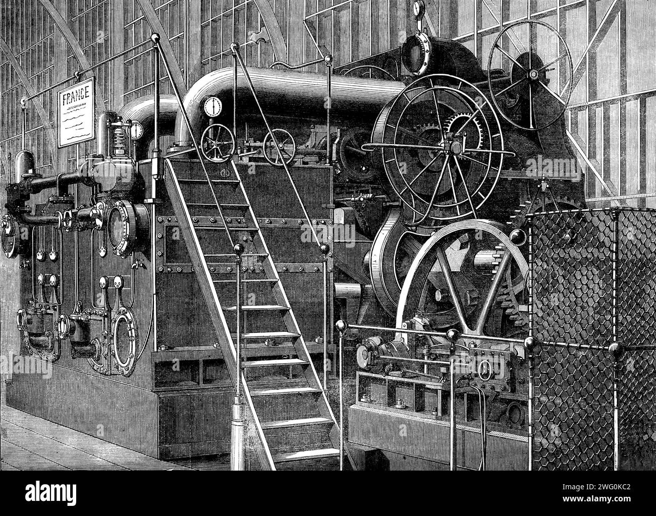 The International Exhibition: Marine Engines of the Mediterranean Forging Company - da una fotografia della London Stereoscopic Company, 1862. '...motori costruiti da Soci&#xe9;t&#xe9; Nouvelle des Forges et Chantiers de la Mediterran&#xe9;e a Marsiglia...questo esempio meccanico in grado eminente indica come una compressione possa essere effettuata nel più piccolo spazio possibile di una coppia di motori di [potenza di 400 cavalli]...in un recente periodo, riducendo il peso e lo spazio occupato dai motori marini ha fatto progressi molto rapidi... la parte dietro la scala temporanea... rappresenta il Foto Stock