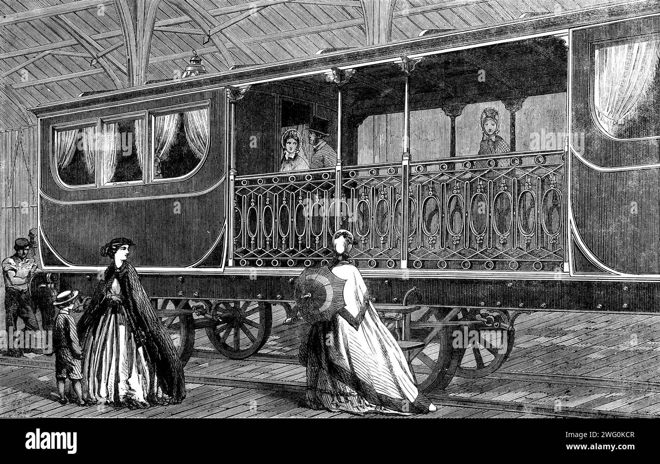 Esposizione Internazionale: Carrozza ferroviaria belga di prima classe, con sala fumatori attaccata - da una fotografia della London Stereoscopic Company, 1862. Un carrello del '...composite, costituito da due vani di prima classe posti ad ogni estremità, con una divisione coperta al centro, ma aperti ai lati. Gli ingressi dei saloon sono dalla divisione aperta al centro; su ciascun lato della parte centrale è posta una ringhiera aperta e l'ingresso principale del carrello è in essa. Alla bassa velocità che la maggior parte dei treni viaggia sul continente possiamo facilmente immaginare questa disposizione a B. Foto Stock Esposizione Internazionale: Carrozza ferroviaria belga di prima classe, con sala fumatori attaccata - da una fotografia della London Stereoscopic Company, 1862. Un carrello del '...composite, costituito da due vani di prima classe posti ad ogni estremità, con una divisione coperta al centro, ma aperti ai lati. Gli ingressi dei saloon sono dalla divisione aperta al centro; su ciascun lato della parte centrale è posta una ringhiera aperta e l'ingresso principale del carrello è in essa. Alla bassa velocità che la maggior parte dei treni viaggia sul continente possiamo facilmente immaginare questa disposizione a B. Foto Stock
