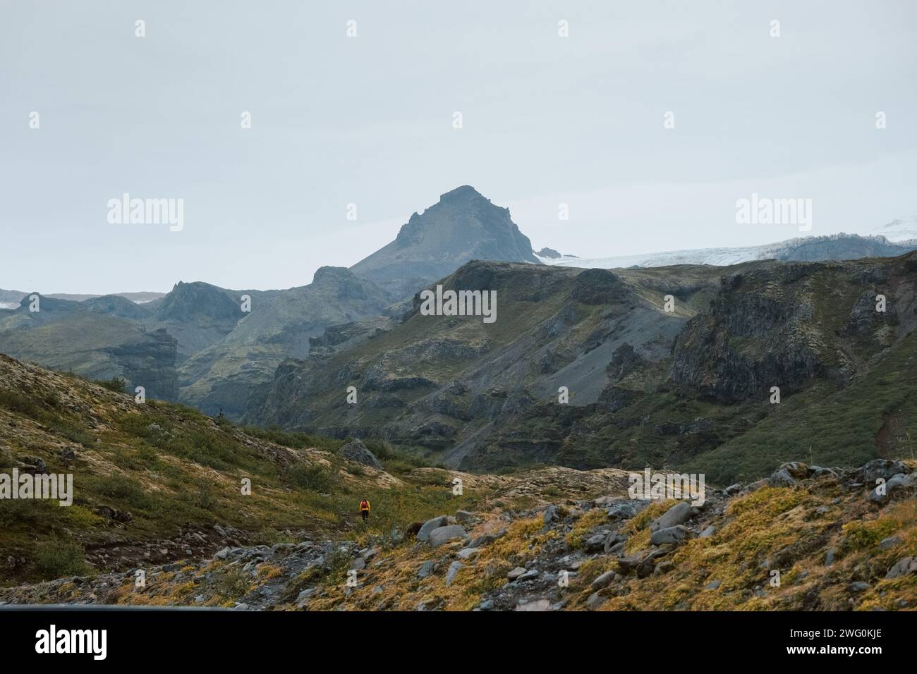 Valle glaciale dell'Islanda con terreno roccioso e cielo freddo nuvoloso Foto Stock