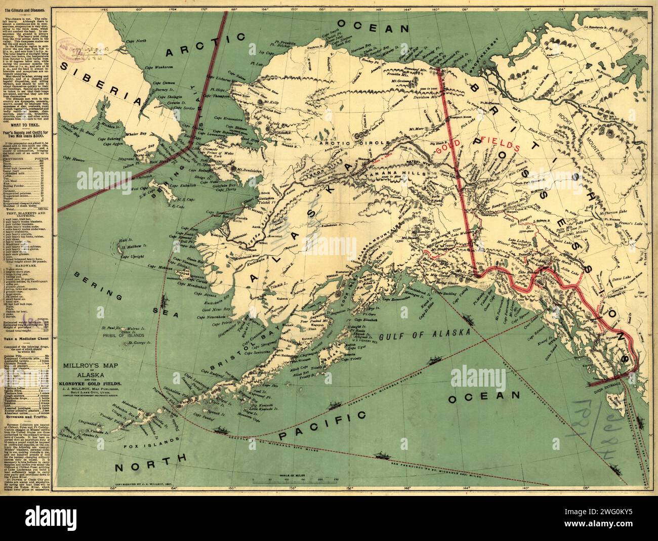Mappa di Millroy dell'Alaska e dei campi d'oro di Klondyke, 1897. La corsa all'oro di Klondike del 1898 iniziò seriamente entro 18 mesi da un importante sciopero dell'oro sul Bonanza Creek, un affluente del fiume Klondike vicino a Dawson City, Canada. Un cartografo di Salt Lake City, J.J. Millroy, ha creato questa guida ai giacimenti d'oro di Klondike nel 1897 utilizzando indagini governative e private. La mappa era destinata all'uso da parte dei molti potenziali minatori che presto sarebbero scesi sullo Yukon da tutto il mondo. La mappa mostra i principali percorsi per i campi d'oro di Klondike (in rosso), tra cui il Chilkoot, Chilkat e il Copper Riv Foto Stock