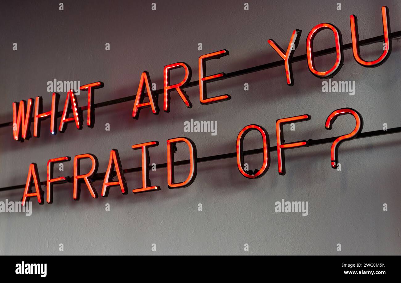 Cosa hai paura di una citazione ispiratrice su un'insegna al neon illuminata su una parete Foto Stock