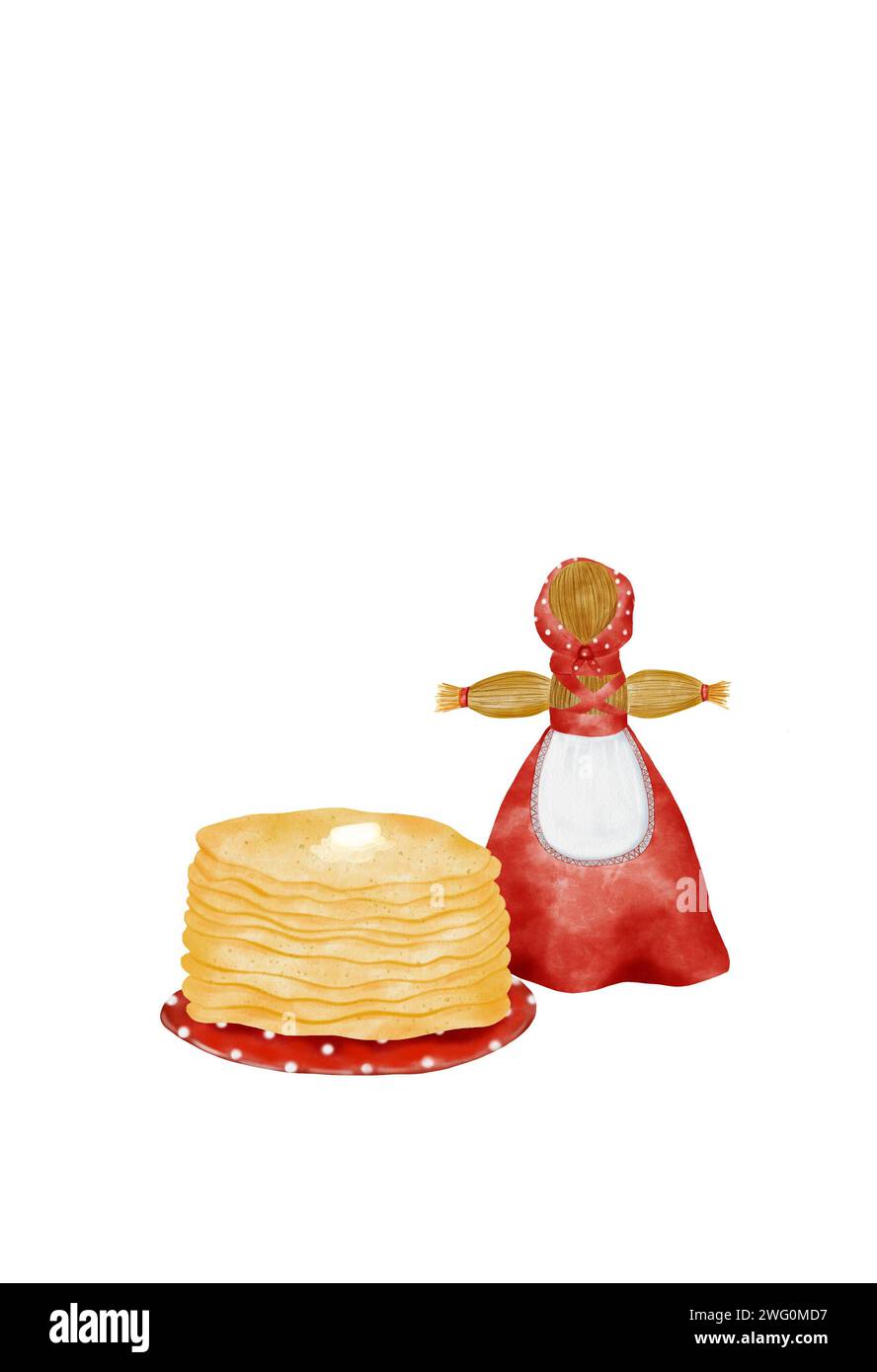 Shrovetide acquerello disegno a mano di crepe e paglia su sfondo bianco isolato. Modello di cartolina per le tradizionali vacanze russe Foto Stock