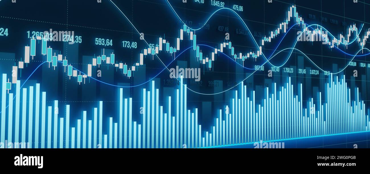 Grafico del mercato azionario e della Borsa, linee, grafico a barre. Grafico a barre, grafico che si sposta verso l'alto e verso il basso, mercato volatile, dati finanziari, dati. Mercato azionario ed escc Foto Stock