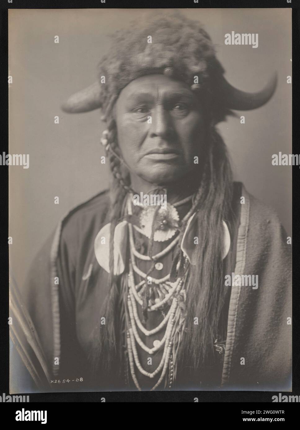 White Man lo gestisce, 1908 anni. La fotografia mostra un ritratto testa e spalle di White Man che lo guida, indossando un cappello di pelliccia con corna di bufalo, vestito in abiti tradizionali, seduto, rivolto verso la parte anteriore. Foto Stock