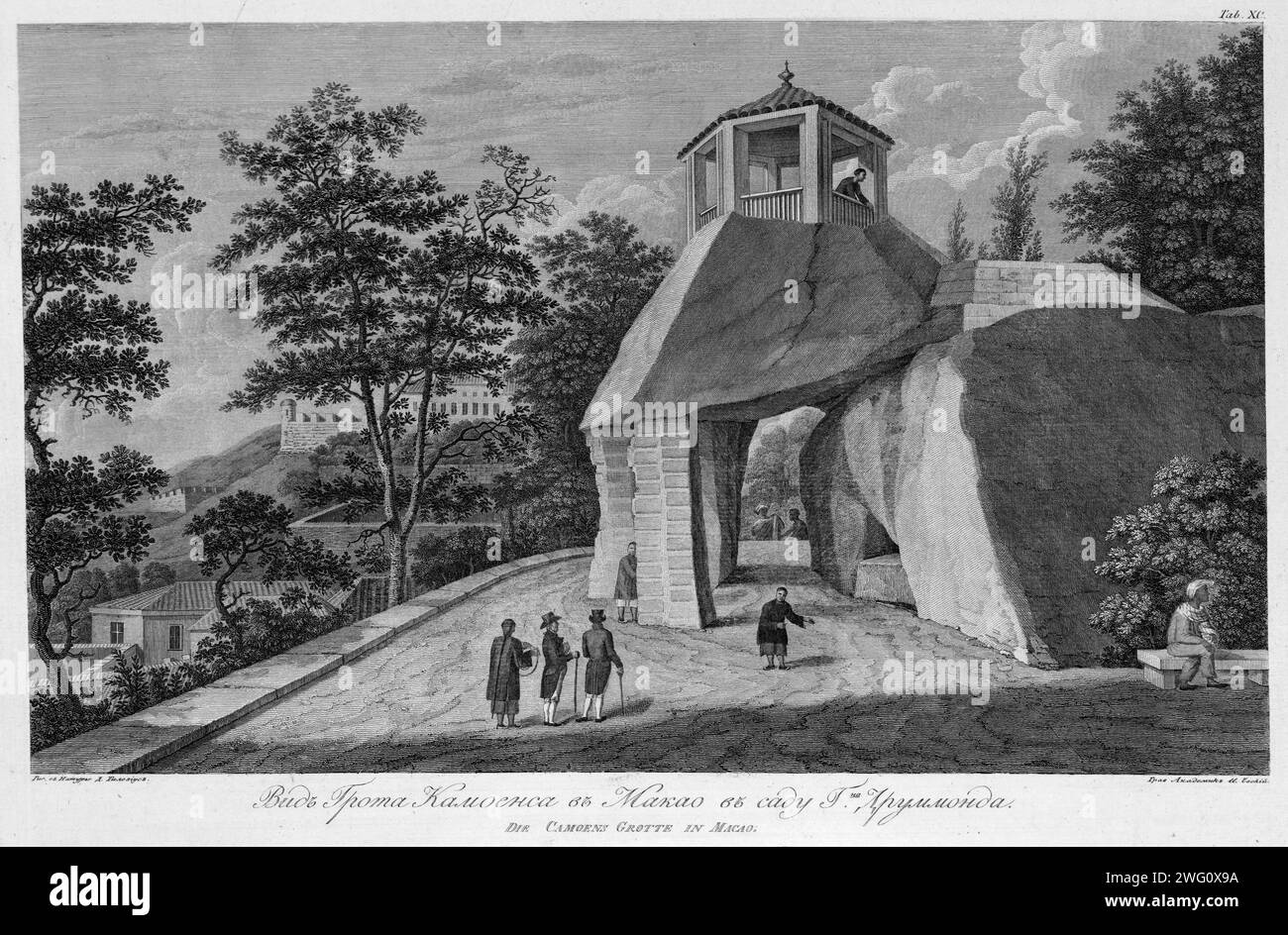 Veduta della Grotta di Camoes nel Giardino di Mr. Drummond, 1813. Nel 1803-06, il capitano I. F. Kruzenshtern divenne il primo russo a circumnavigare il globo. Questo atlante, pubblicato dall'Accademia russa delle scienze nel 1813, include mappe del percorso di Kruzenshtern e 109 tavole basate sui disegni di V. G. Tilesius, un medico, naturalista, e l'artista ufficiale della spedizione. È una delle più grandi pubblicazioni di incisioni della Russia zarista. I soggetti raffigurati includono vedute di Sakhalin, Kamchatka e delle isole Curili; rappresentazioni di nativi siberiani e di altri popoli incontrati Foto Stock