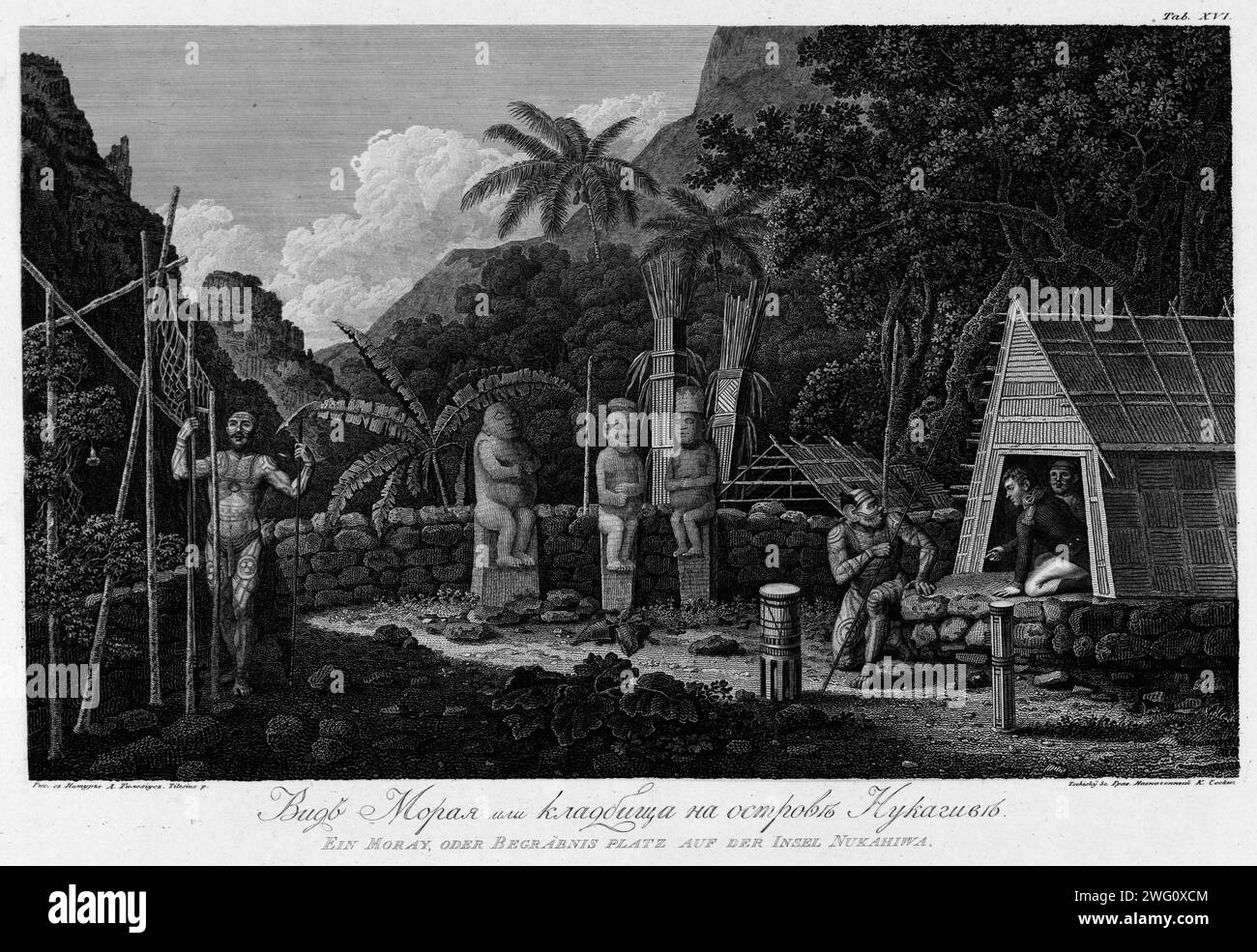 Vista del cimitero sull'isola di Nukagiva, 1813. Nel 1803-06, il capitano I. F. Kruzenshtern divenne il primo russo a circumnavigare il globo. Questo atlante, pubblicato dall'Accademia russa delle scienze nel 1813, include mappe del percorso di Kruzenshtern e 109 tavole basate sui disegni di V. G. Tilesius, un medico, naturalista, e l'artista ufficiale della spedizione. È una delle più grandi pubblicazioni di incisioni della Russia zarista. I soggetti raffigurati includono vedute di Sakhalin, Kamchatka e delle isole Curile; rappresentazioni di nativi siberiani e di altri popoli incontrati durante il viaggio Foto Stock