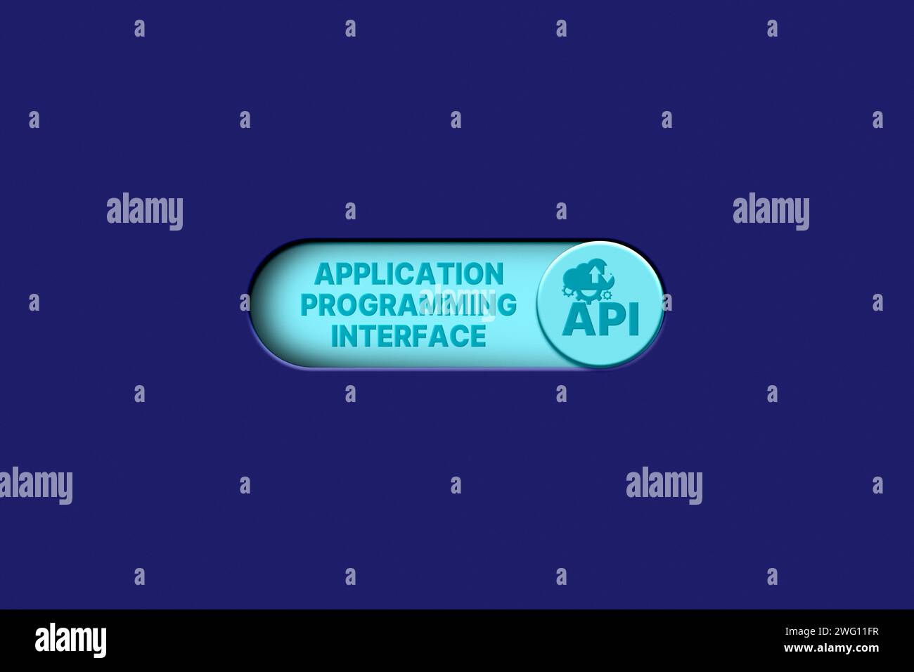 Illustrazione 3D del pulsante blu per attivare l'interfaccia di programmazione dell'applicazione API. Concetto di tecnologia per lo sviluppo di funzioni e procedure. Foto Stock