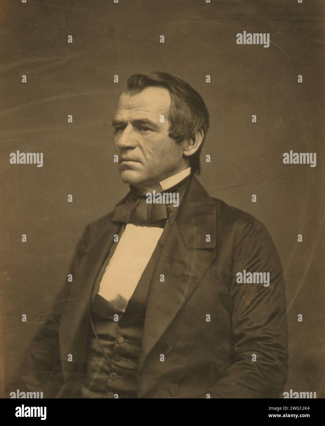 Andrew Johnson, ritratto a mezza lunghezza, seduto, rivolto a sinistra, 1860. Foto Stock