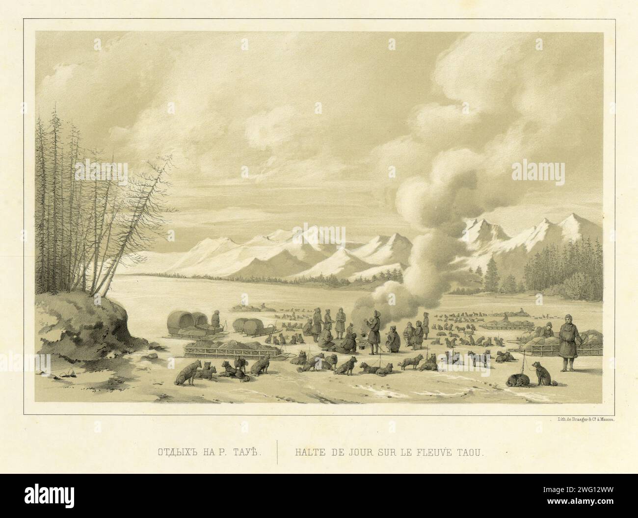 Riposa lungo il fiume Tau, 1856. Da Puteshestviye po Vostochnoy Sibiri I. Bulychova. Chast' 1-ya. Poyezdka V Kamchatku (Un viaggio attraverso la Siberia orientale: Parte 1, viaggio in Kamchatka), parte di una raccolta di album nella Divisione stampe della Biblioteca Nazionale della Russia che documenta le spedizioni in Siberia e nell'Estremo Oriente russo intraprese per lo più alla fine del XIX secolo. Il compilatore dell'album fu Ivan DEM'ianovich Bulychev, membro della società geografica Imperiale Russa. L'album è composto da 64 illustrazioni finemente disegnate, la maggior parte a colori, prese da 21 numeri di un altro publi Foto Stock