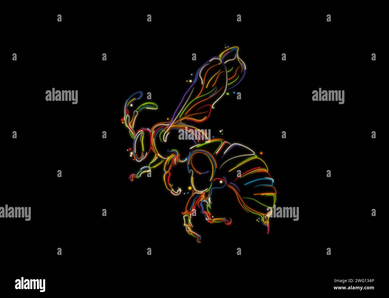 Schizzo Flying bee, disegno vettoriale stilizzato a mano in colori su nero Foto Stock