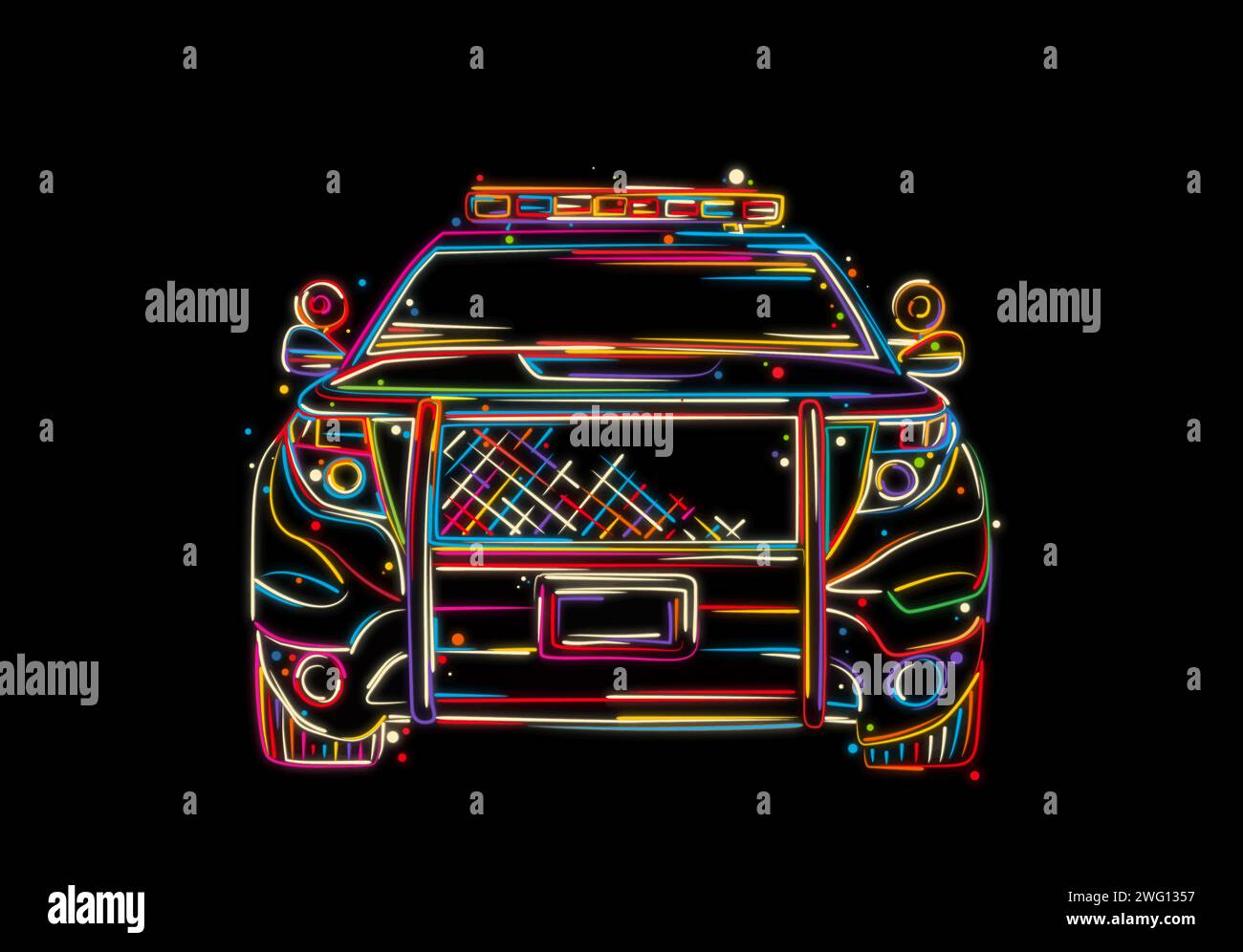 Auto della polizia, vista frontale. Illustrazione vettoriale disegnata a mano a colori Foto Stock