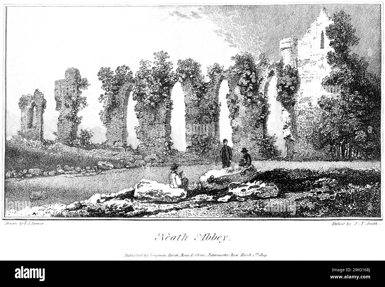 Incisione di Neath Abbey, South Wales UK scansionata ad alta risoluzione da un libro stampato nel 1809. Si ritiene che questa immagine sia priva di copyright. Foto Stock