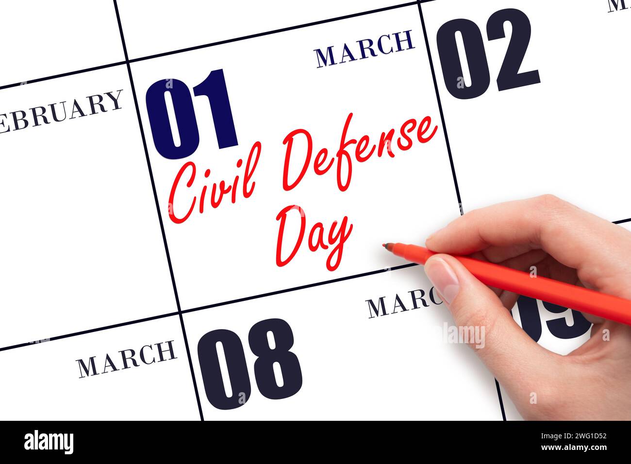 1° marzo. Testo di scrittura a mano giorno della difesa civile in data calendario. Salvare la data. Vacanze. Concetto giorno dell'anno. Foto Stock