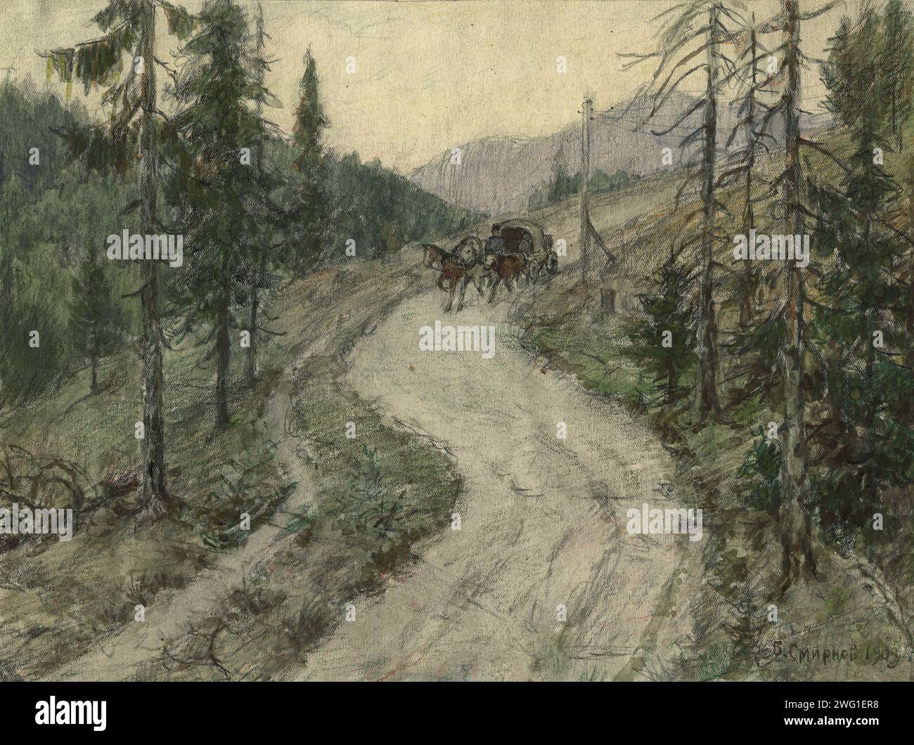 Great Siberian Road nei monti Krugobaikal, 1904. Boris Vasilievich Smirnov (1881-1954) è stato un artista russo che nel 1904 viaggiò con un trasporto di prigionieri dalla Russia occidentale attraverso la Siberia. Lungo la strada creò una serie di disegni e acquerelli delle persone e dei luoghi che incontrò. Museo statale di storia regionale e Folklife di Novosibirsk Foto Stock