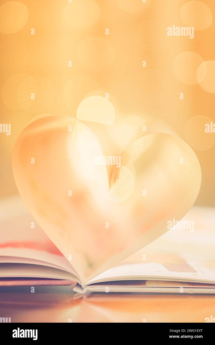 I primi piani adorano il design di coppia Valenstines. Pagine romantiche a forma di cuore perfette. Lo spazio copia in stile vintage illumina i riflessi. Bel febbraio Foto Stock