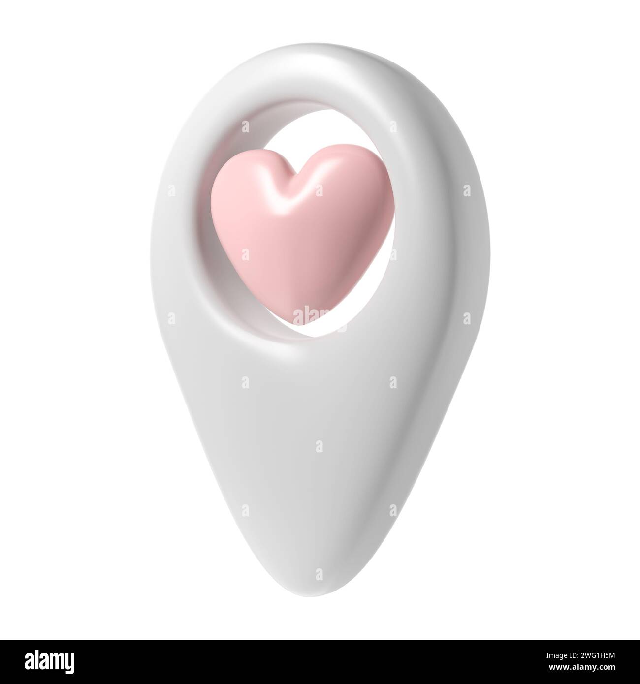 Icona puntina 3d puntatore mappa san valentino. Punto di localizzazione geotag bianco con cuore rosa, simbolo preferito amore. illustrazione per web, app, infografiche Foto Stock